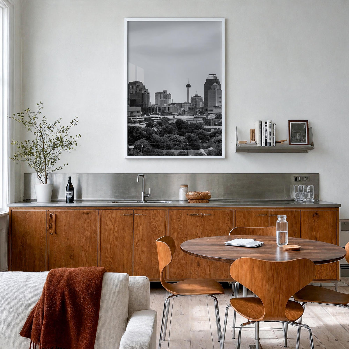 San Antonio black & white photo poster of Texas, USA – vertical wall art in white wood frame, hanging on wall