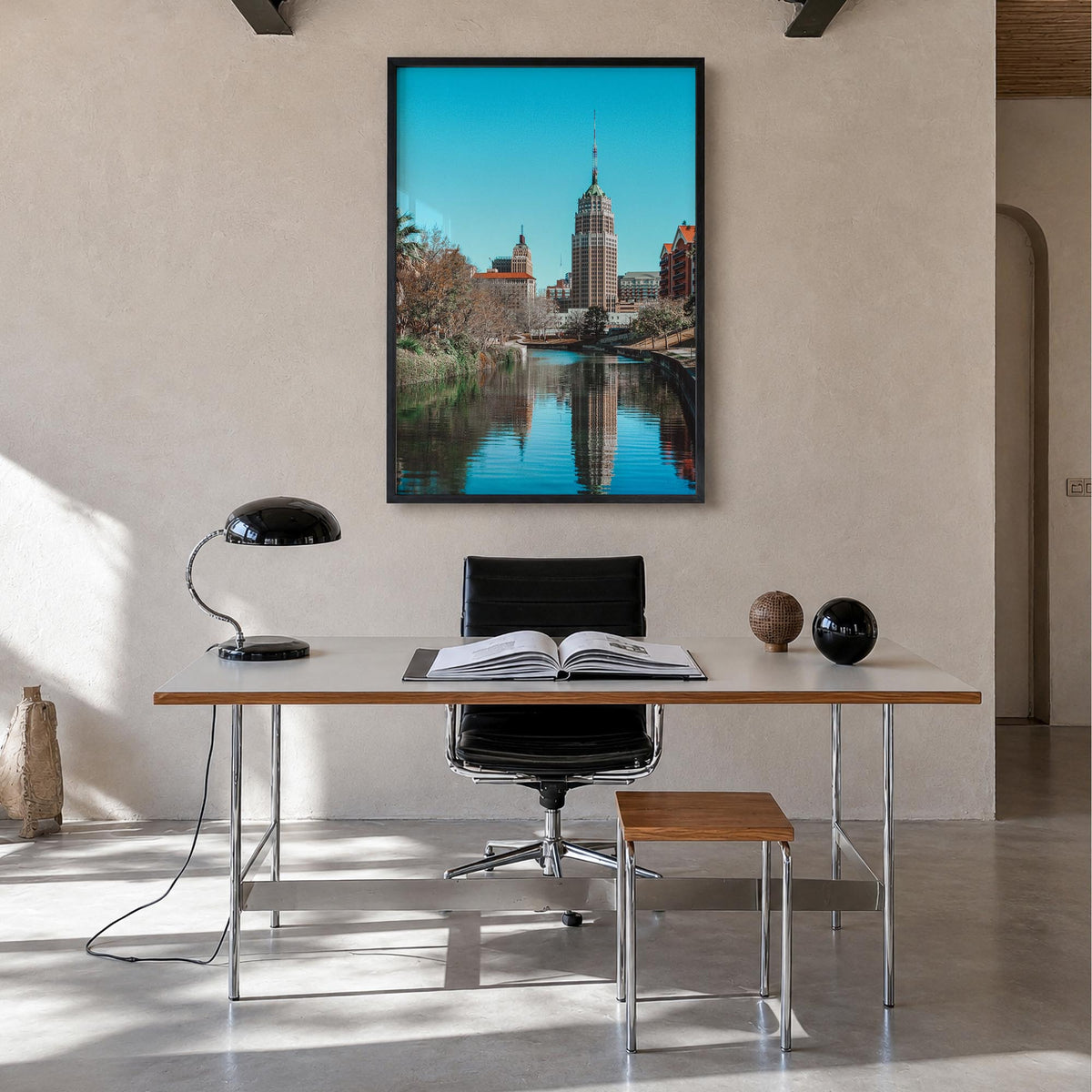 San Antonio no. 2 colorful photo poster of Texas, USA – vertical wall art in black wood frame, hanging on wall
