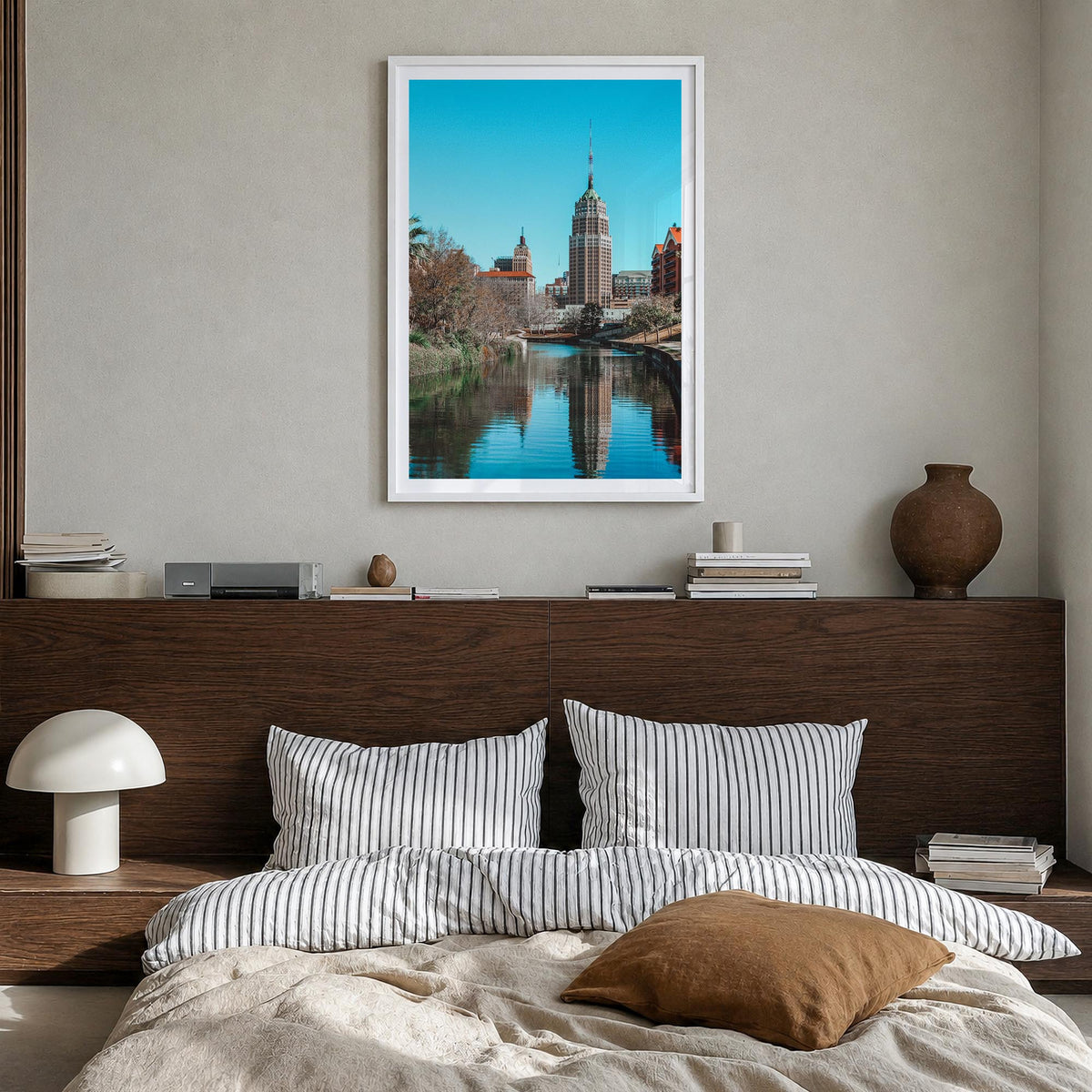 San Antonio no. 2 colorful photo poster of Texas, USA – vertical wall art in white wood frame with white border, hanging on w