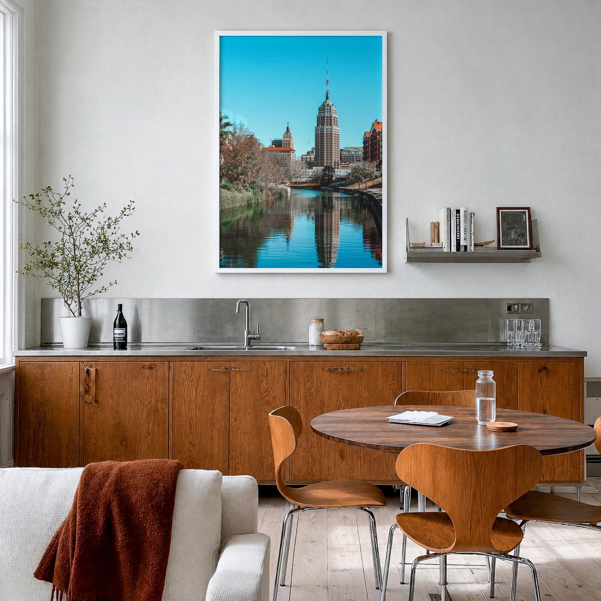 San Antonio no. 2 colorful photo poster of Texas, USA – vertical wall art in white wood frame, hanging on wall