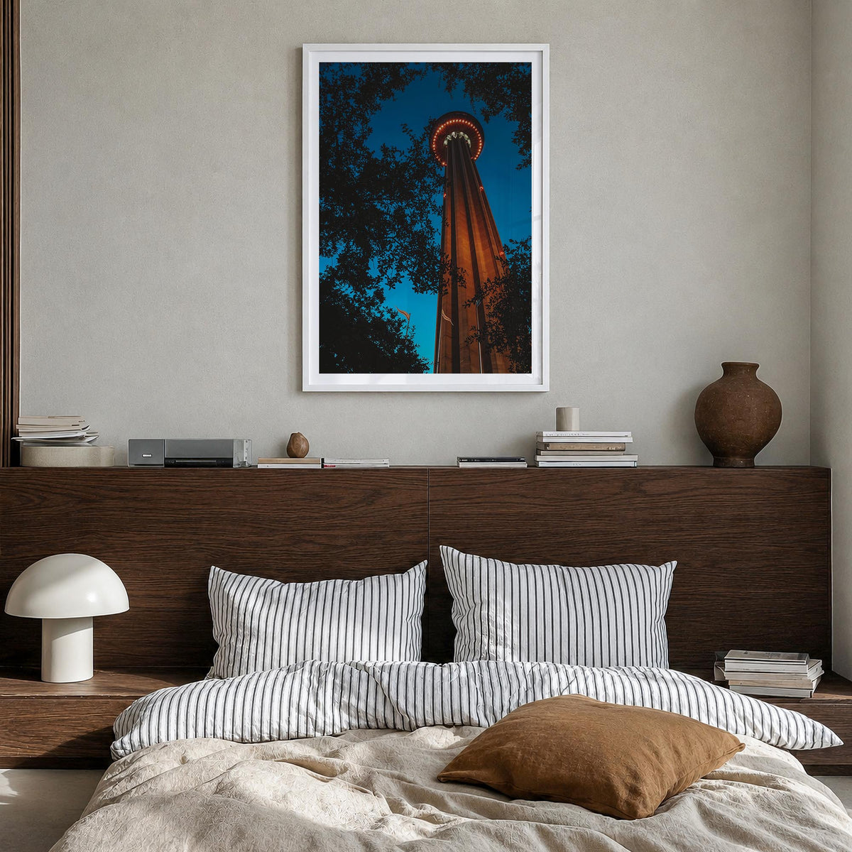 San Antonio no. 3 colorful photo poster of Texas, USA – vertical wall art in white wood frame with white border, hanging on w