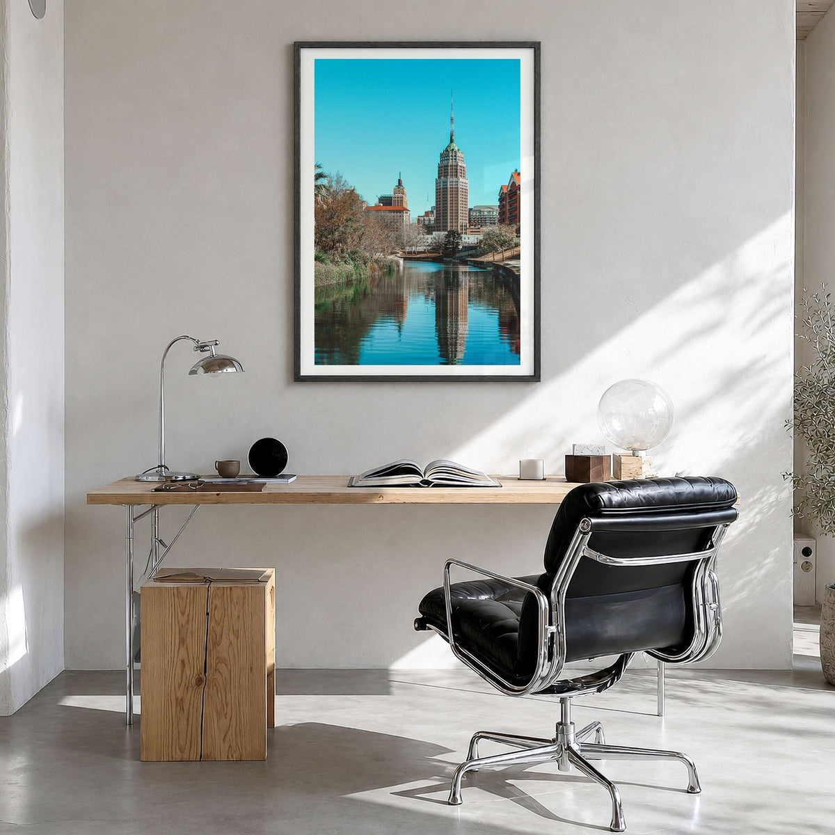 San Antonio Photo No 2 Poster in a black wood frame, hanging in a bright home office, white border