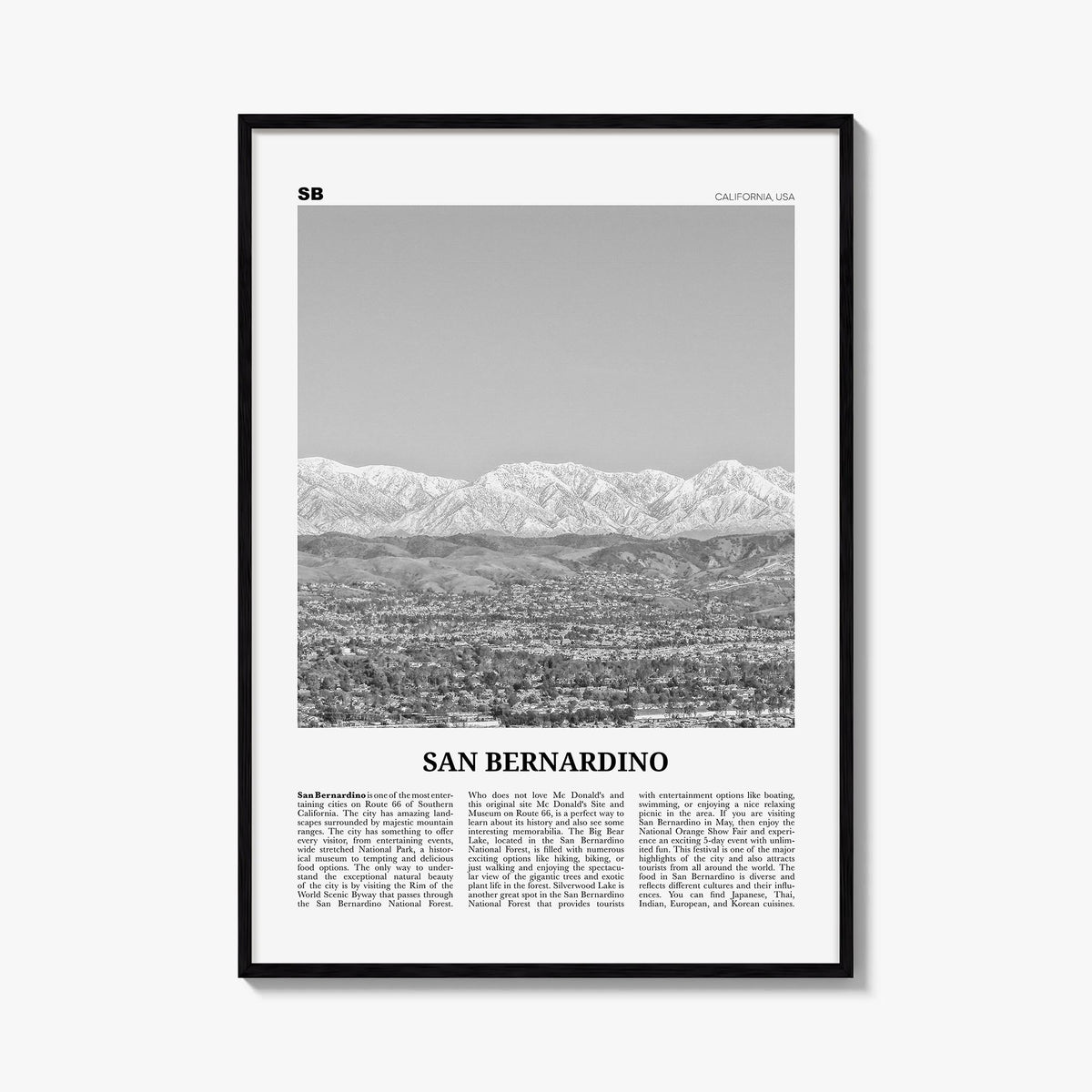 San Bernardino black & white newspaper poster of California, USA – vertical wall art, unframed print shown in interior mockup
