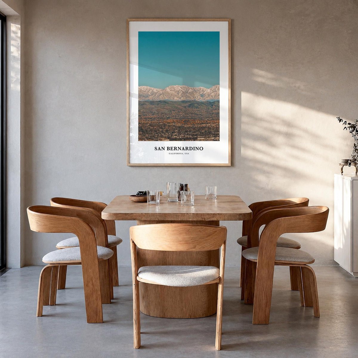San Bernardino colorful classic poster of California, USA – vertical wall art in natural wood frame, hanging on wall