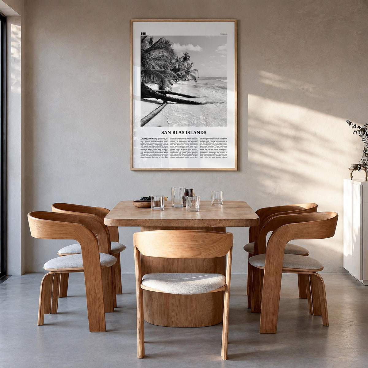 San Blas Islands black & white newspaper poster of Panama – vertical wall art in natural wood frame, hanging on wall