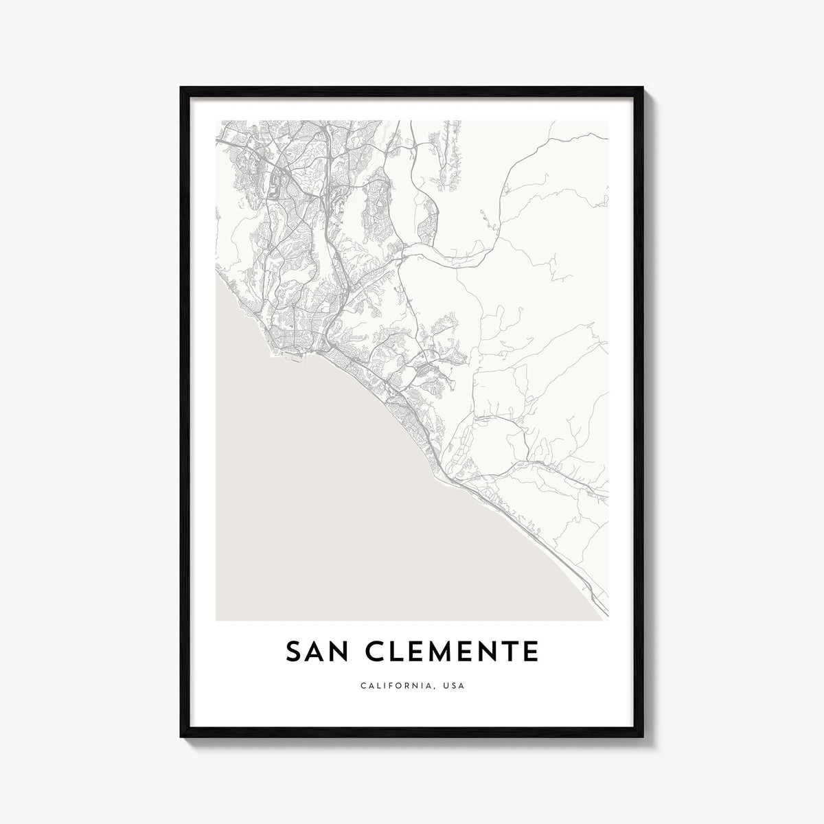 San Clemente black & white map poster of California, USA – vertical wall art, unframed print shown in interior mockup