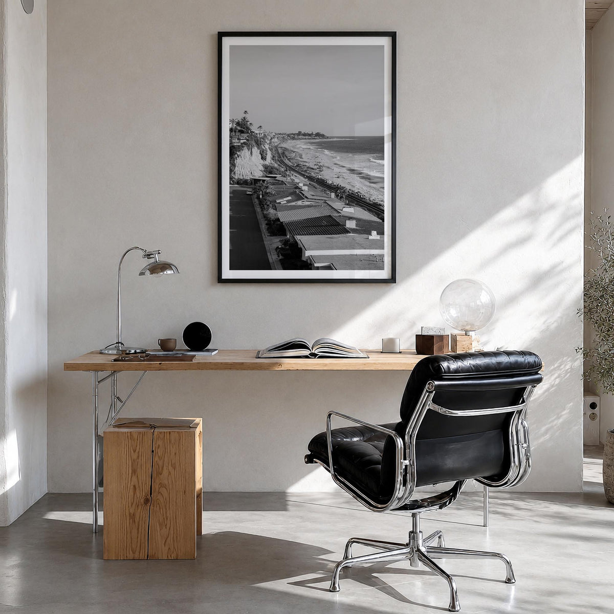 San Clemente black & white photo poster of California, USA – vertical wall art in black wood frame with white border, hanging