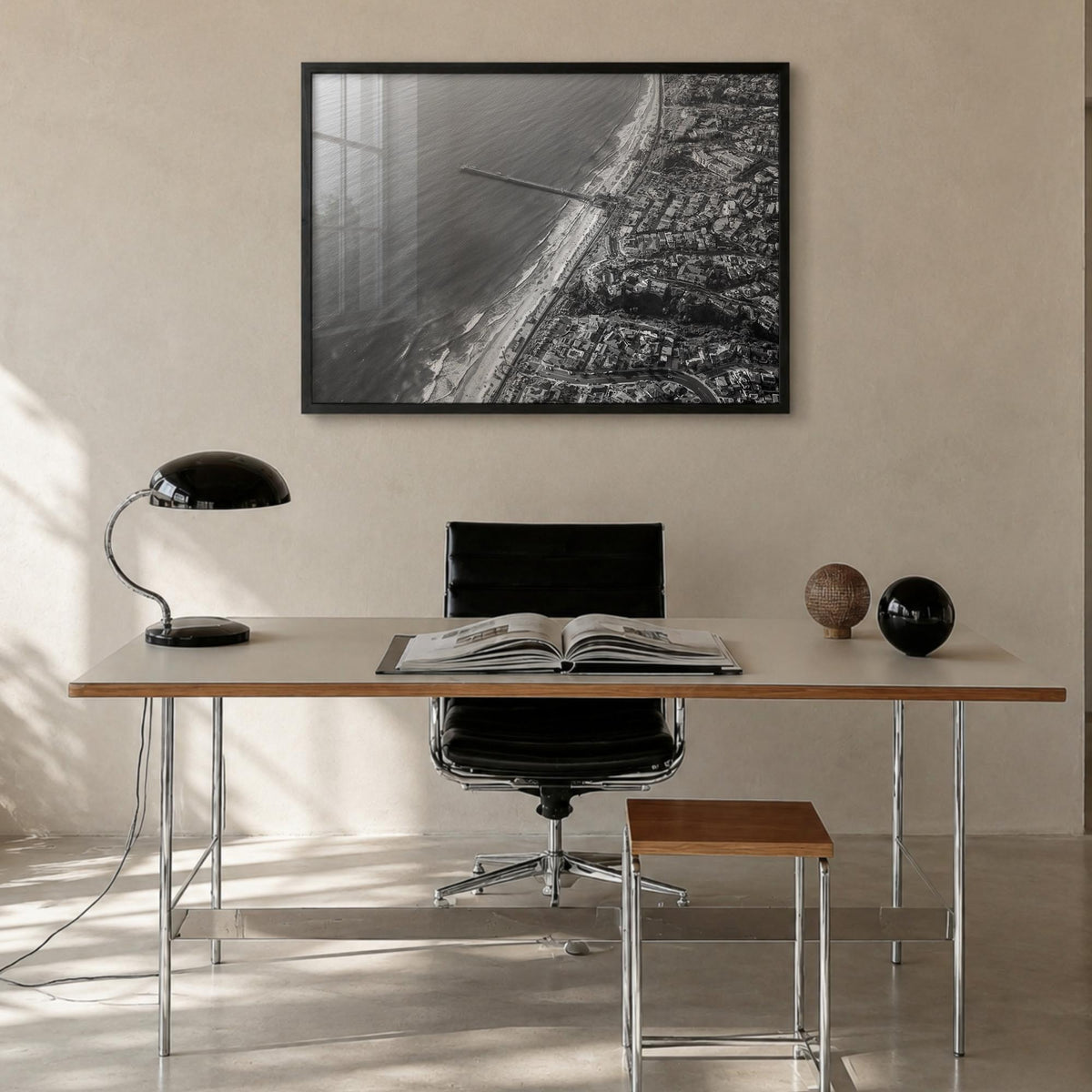 San Clemente black & white photo poster of California, USA – horizontal wall art in black wood frame, hanging on wall