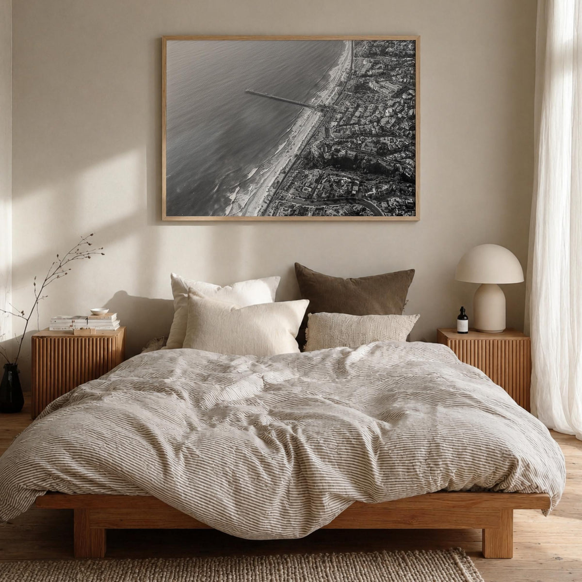San Clemente black & white photo poster of California, USA – horizontal wall art in natural wood frame, hanging on wall