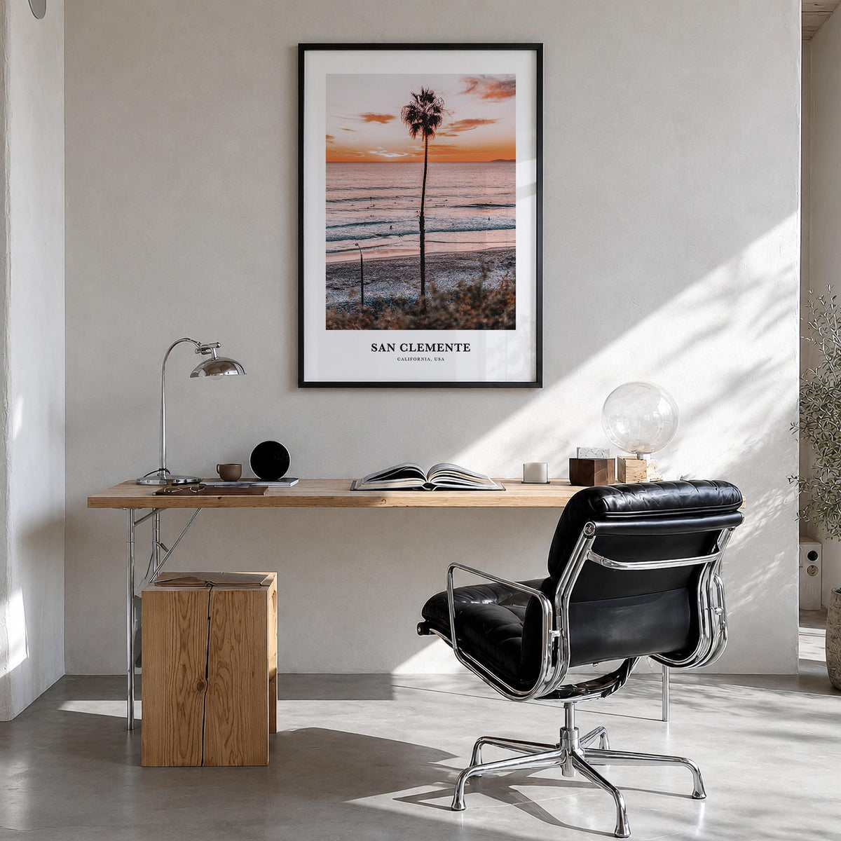 San Clemente colorful classic poster of California, USA – vertical wall art in black wood frame, hanging on wall