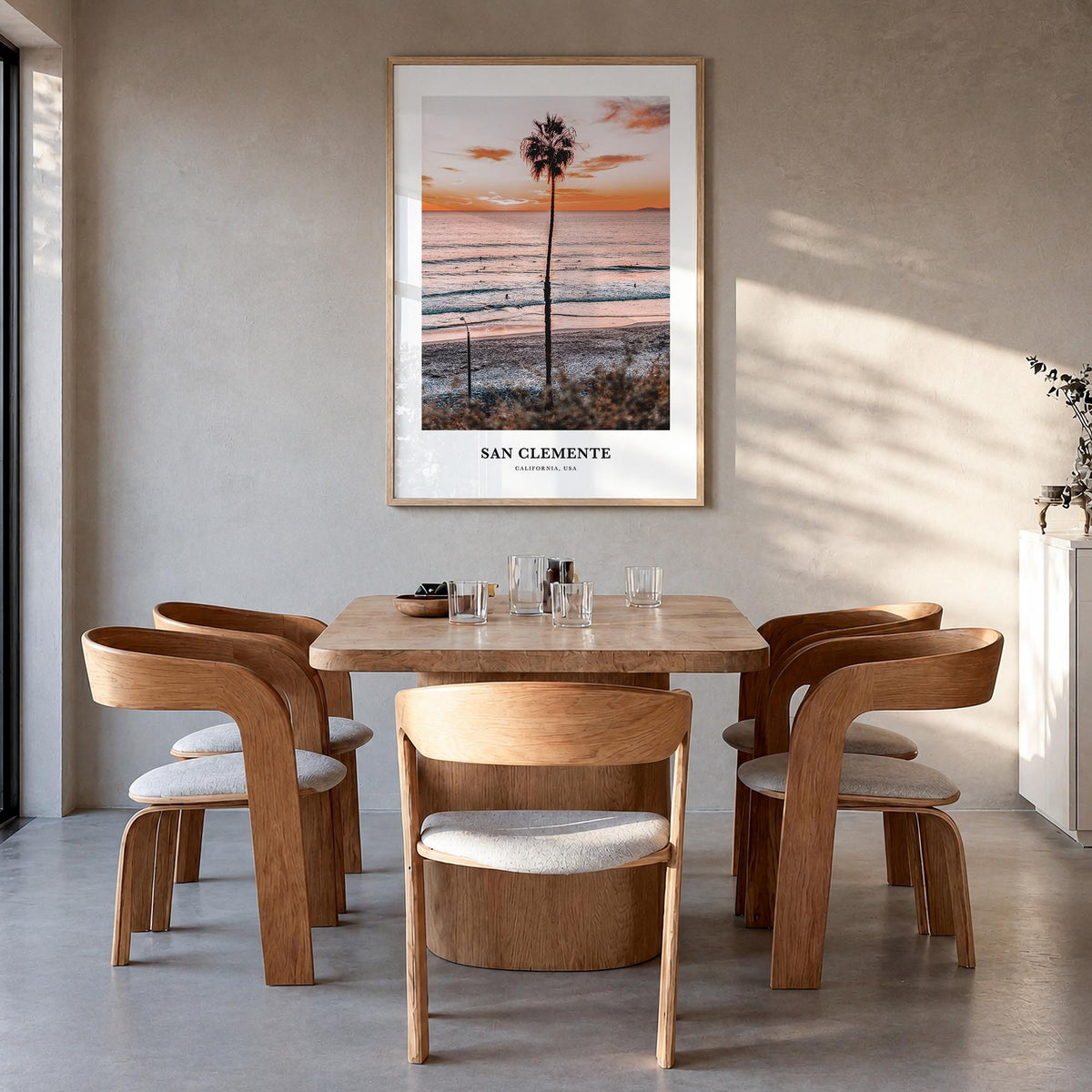San Clemente colorful classic poster of California, USA – vertical wall art in natural wood frame, hanging on wall