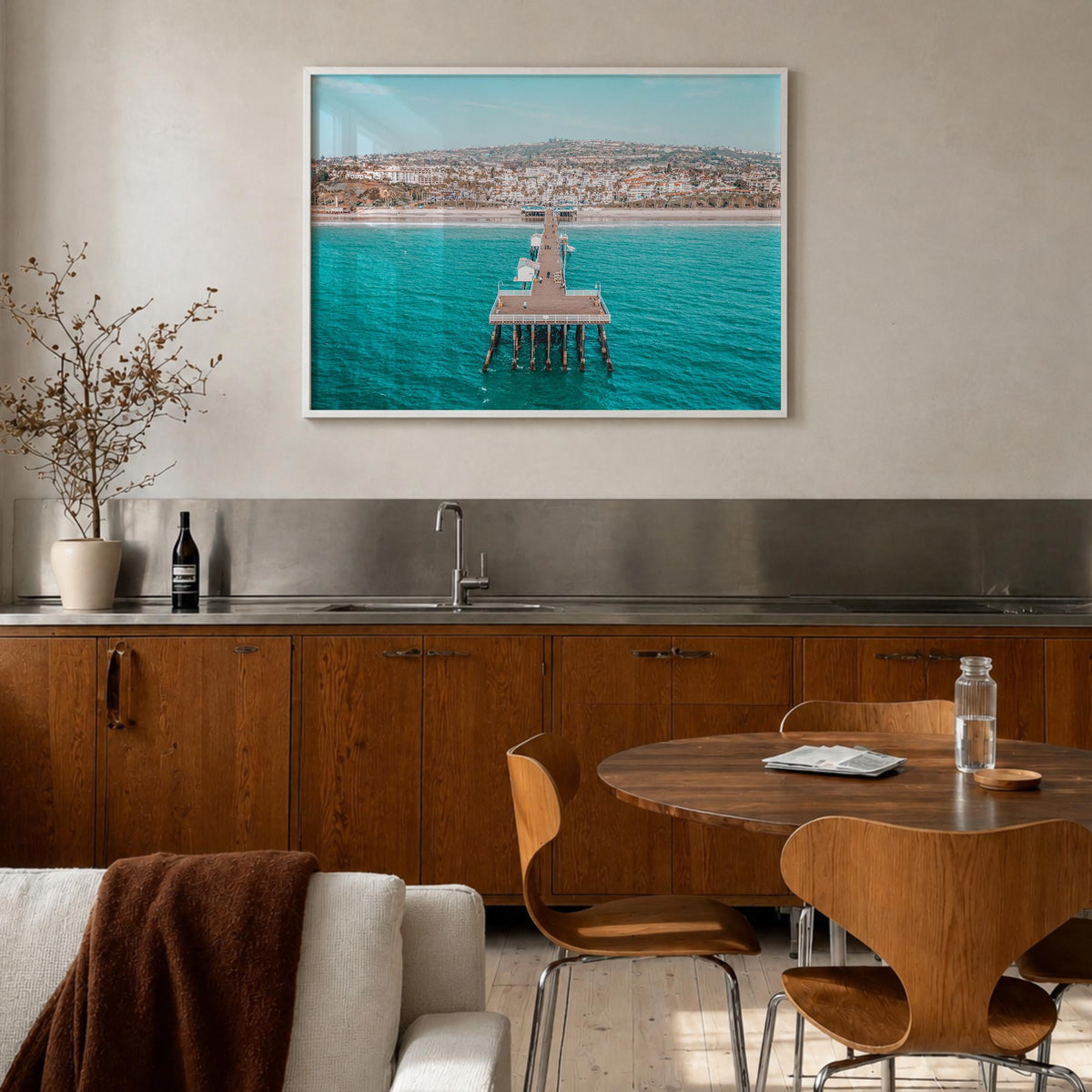 San Clemente colorful photo poster of California, USA – horizontal wall art in white wood frame, hanging on wall