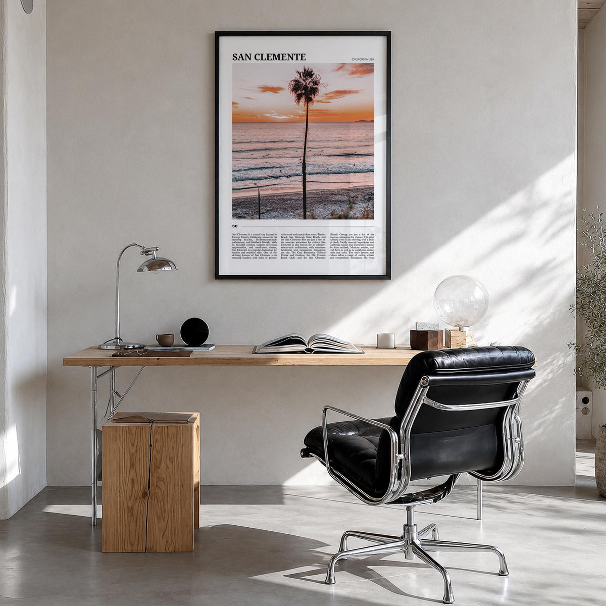 San Clemente colorful travel poster of California, USA – vertical wall art in black wood frame, hanging on wall