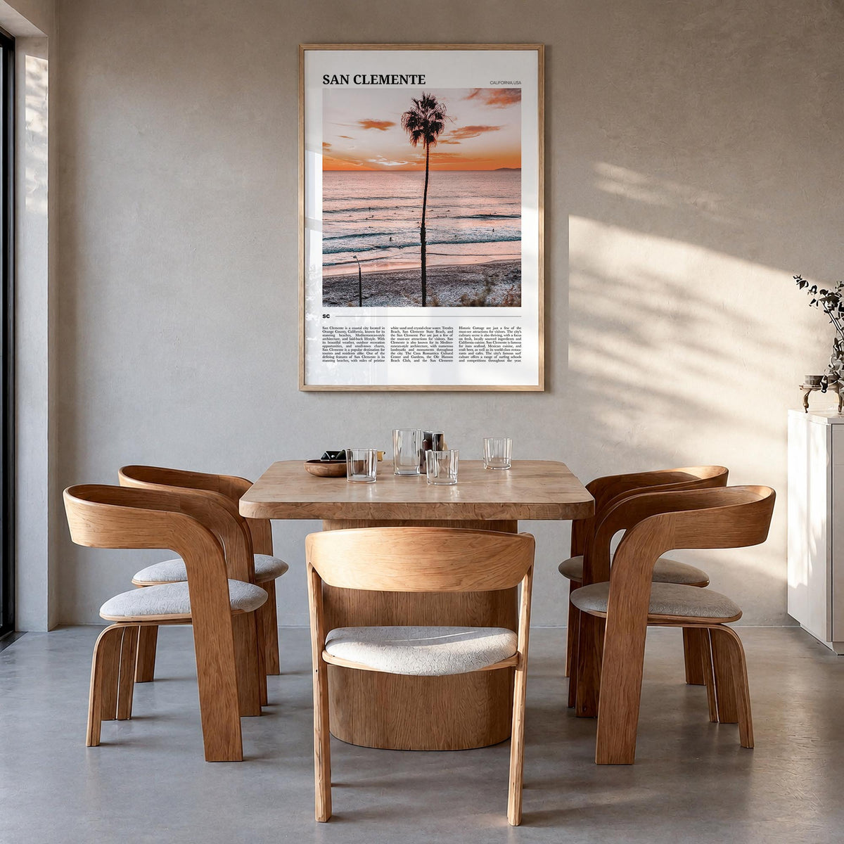 San Clemente colorful travel poster of California, USA – vertical wall art in natural wood frame, hanging on wall