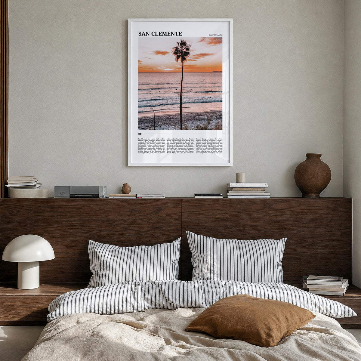 San Clemente colorful travel poster of California, USA – vertical wall art in white wood frame, hanging on wall