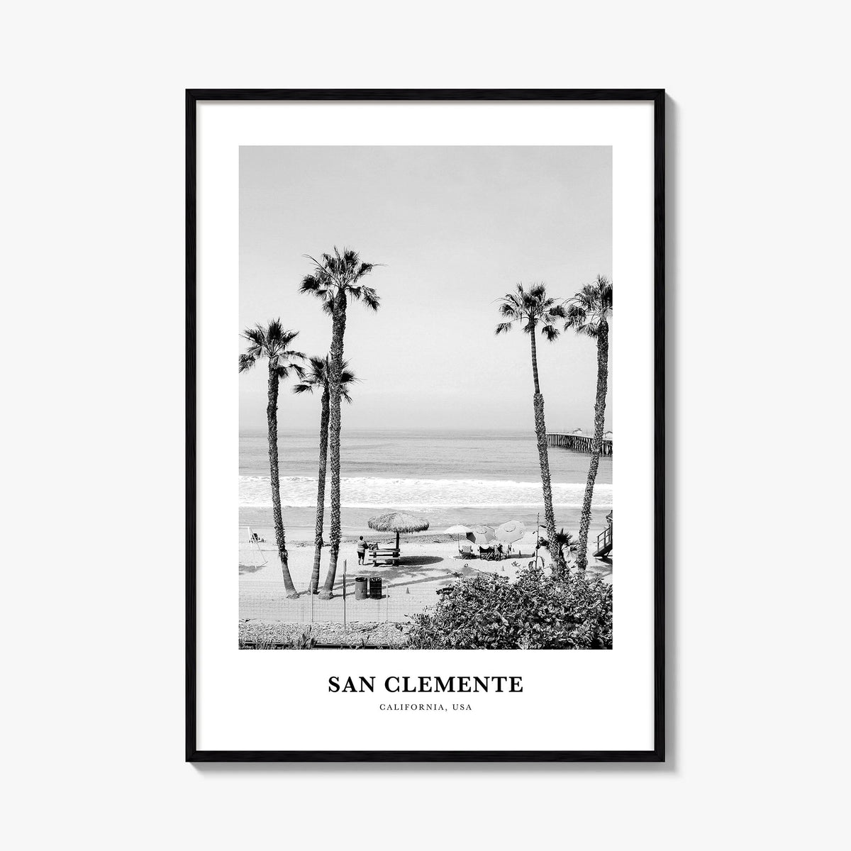 San Clemente no. 1 black & white classic poster of California, USA – vertical wall art, unframed print shown in interior mock