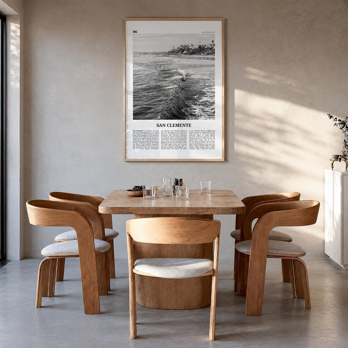 San Clemente no. 2 black & white newspaper poster of California, USA – vertical wall art in natural wood frame, hanging on wa