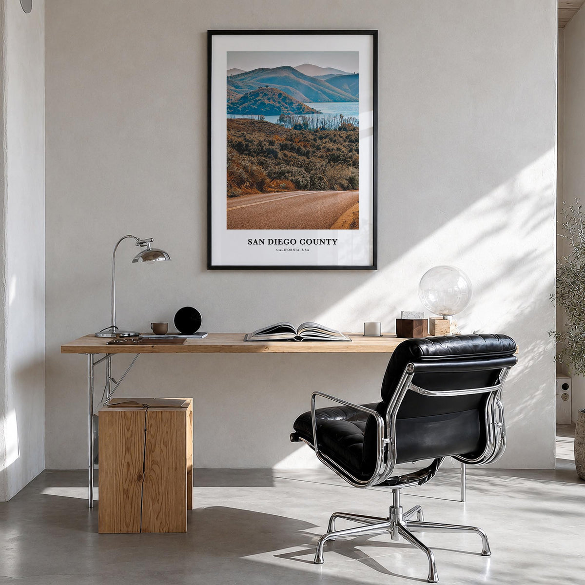 San Diego County colorful classic poster of California, USA – vertical wall art in black wood frame, hanging on wall