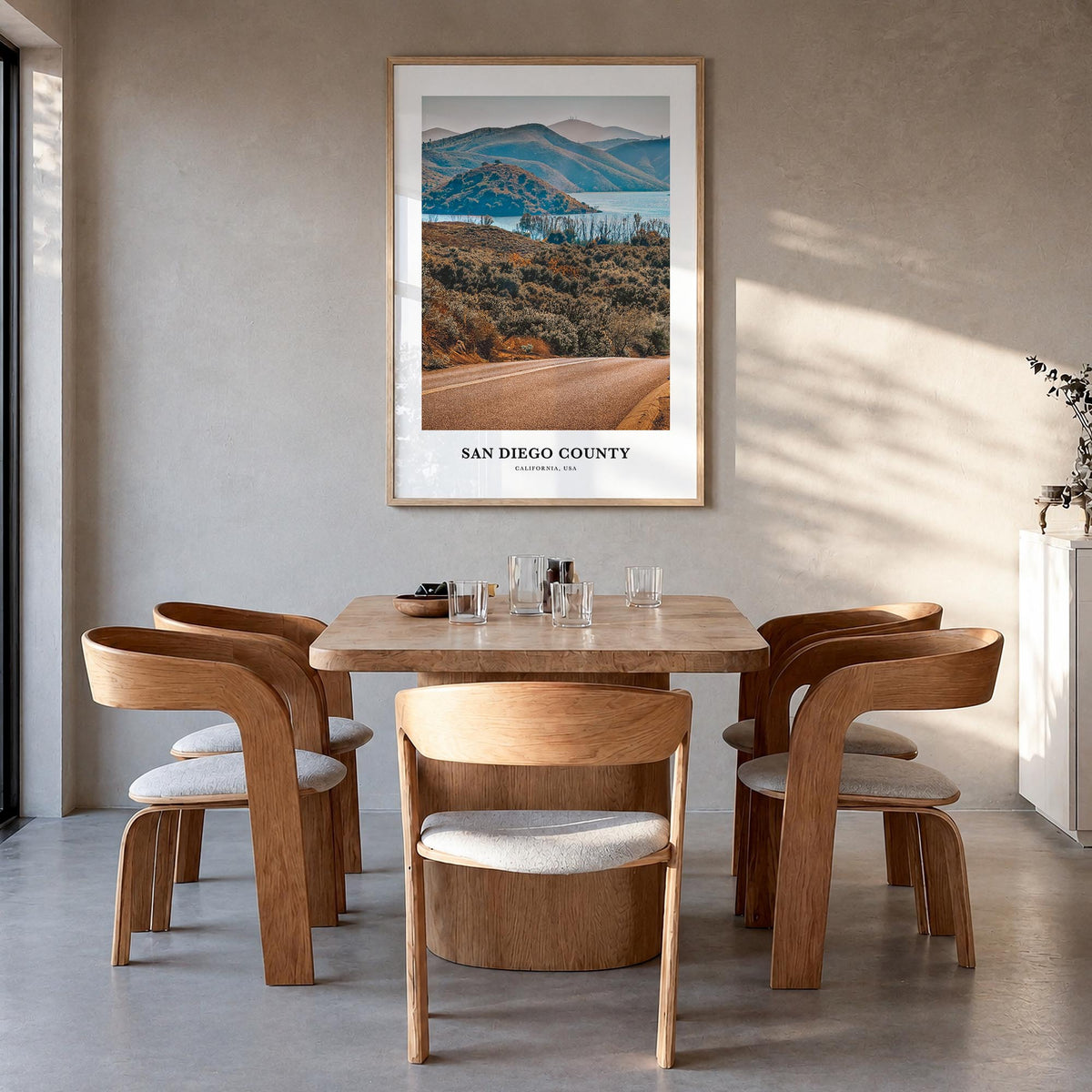 San Diego County colorful classic poster of California, USA – vertical wall art in natural wood frame, hanging on wall