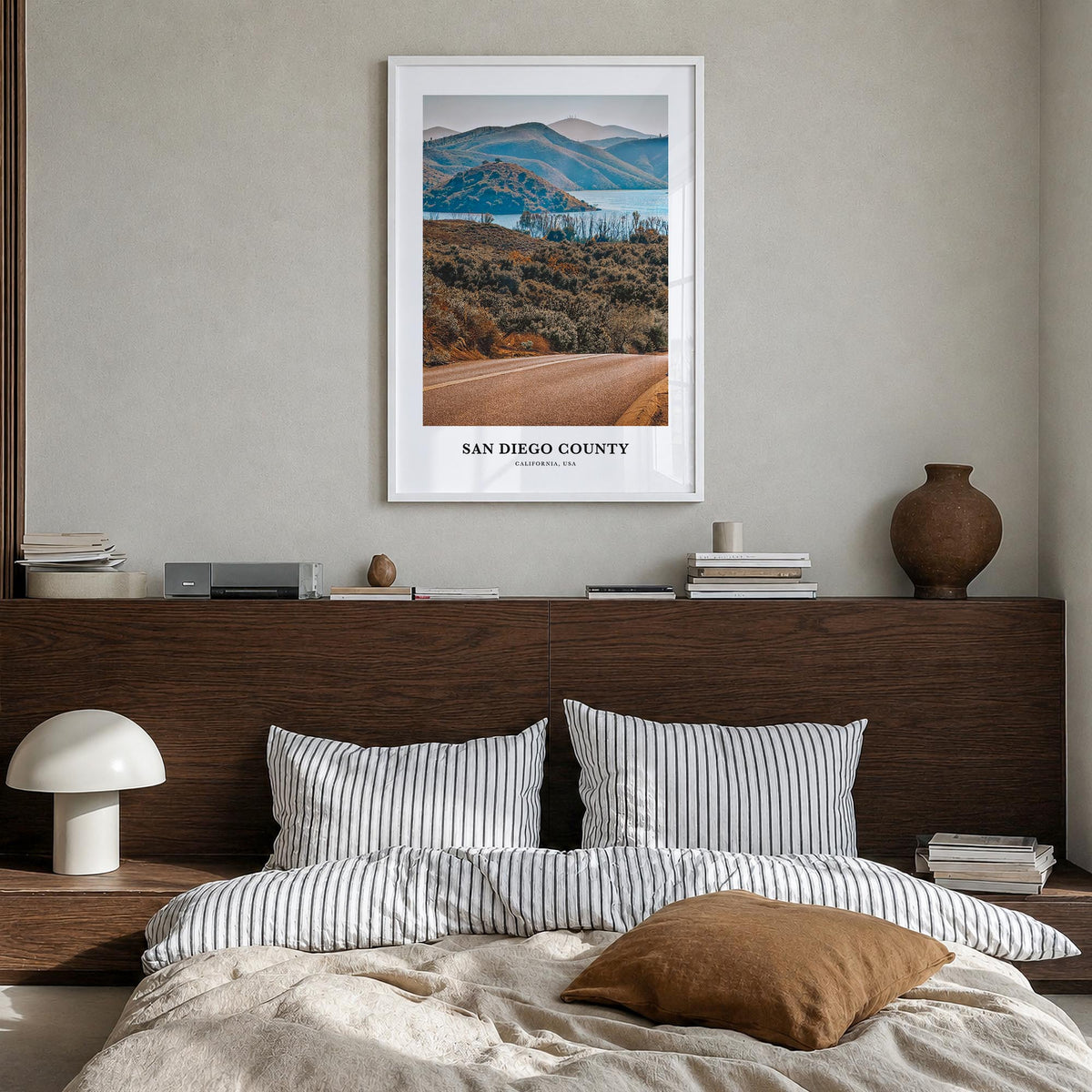 San Diego County colorful classic poster of California, USA – vertical wall art in white wood frame, hanging on wall