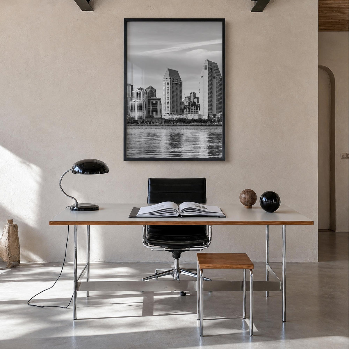 San Diego no. 1 black & white photo poster of California, USA – vertical wall art in black wood frame, hanging on wall