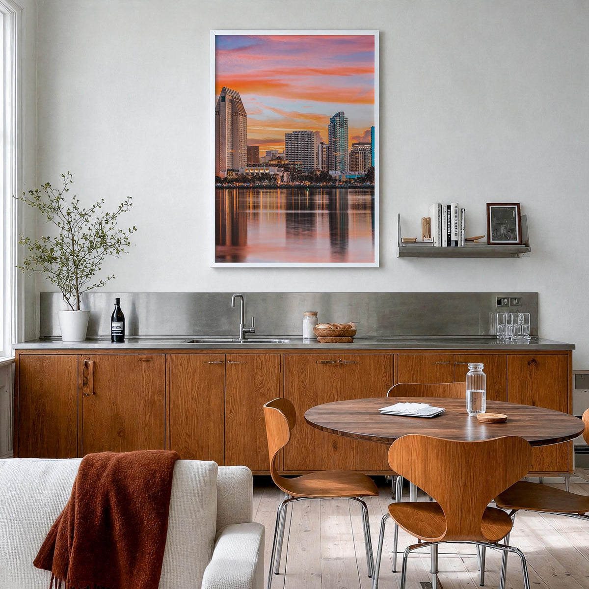San Diego no. 1 colorful photo poster of California, USA – vertical wall art in white wood frame, hanging on wall