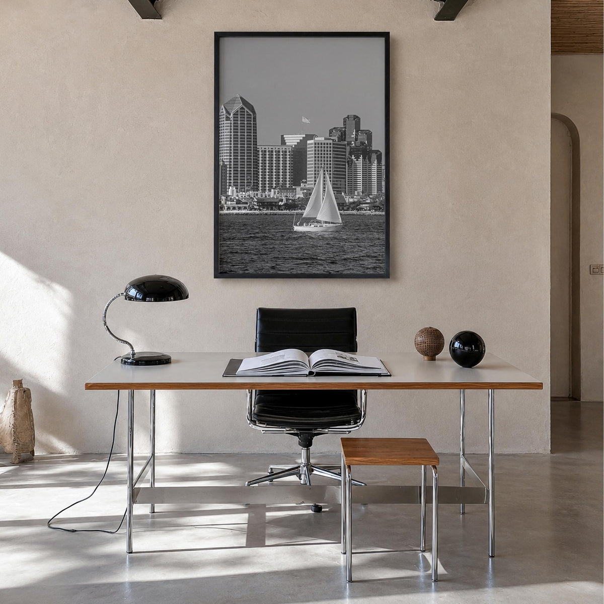 San Diego no. 2 black & white photo poster of California, USA – vertical wall art in black wood frame, hanging on wall
