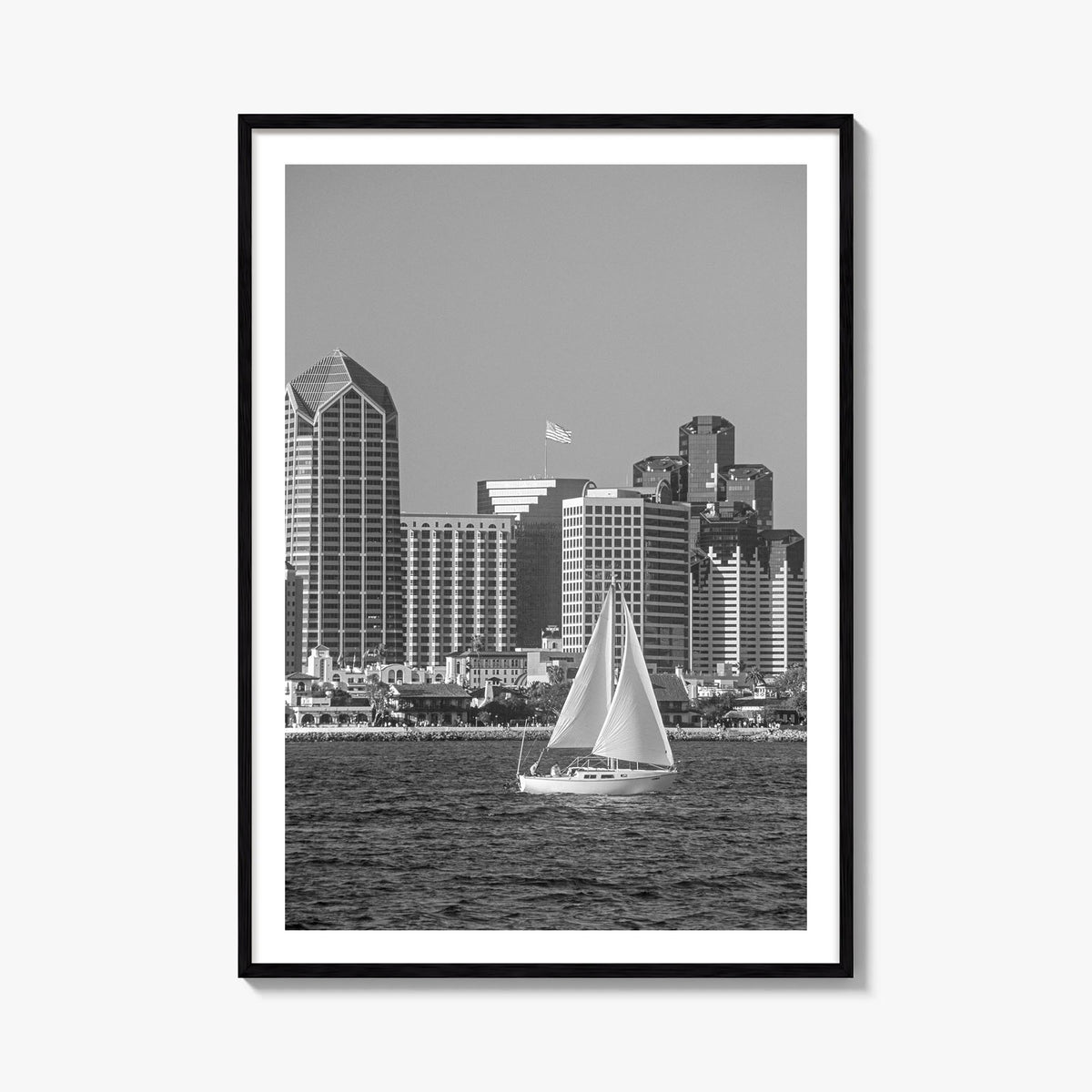 San Diego no. 2 black & white photo poster of California, USA – vertical wall art, unframed print shown in interior mockup