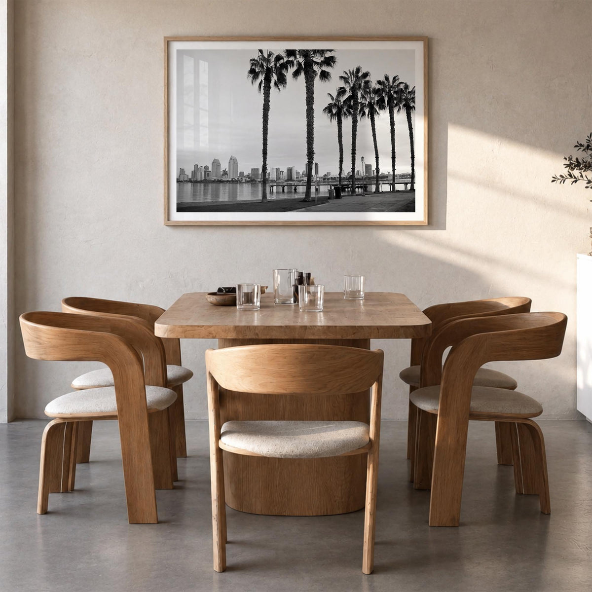 San Diego no. 2 black & white photo poster of California, USA – horizontal wall art in natural wood frame with white border,
