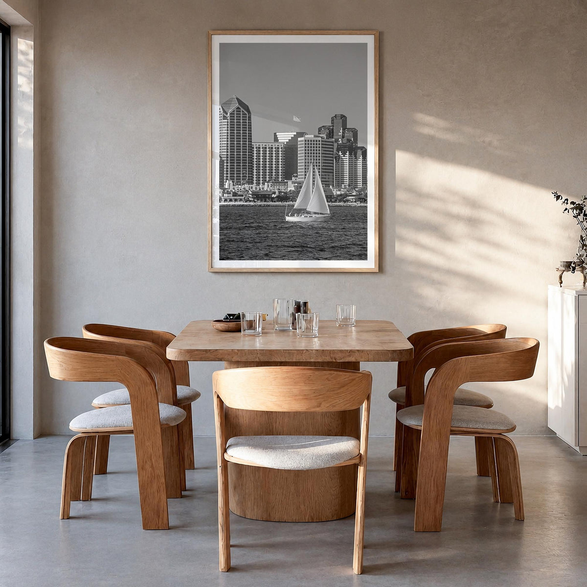 San Diego no. 2 black & white photo poster of California, USA – vertical wall art in natural wood frame with white border, ha