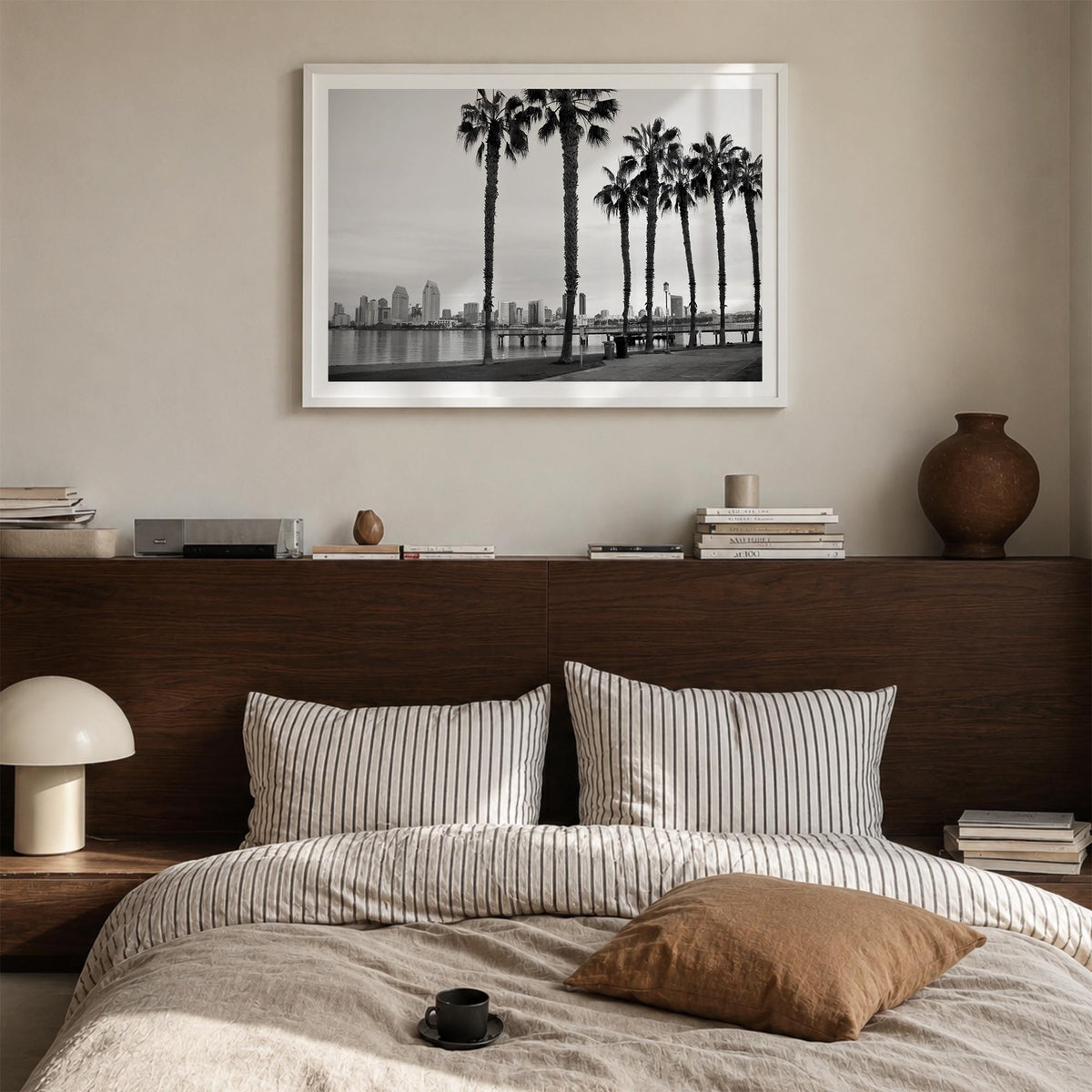 San Diego no. 2 black & white photo poster of California, USA – horizontal wall art in white wood frame with white border, ha