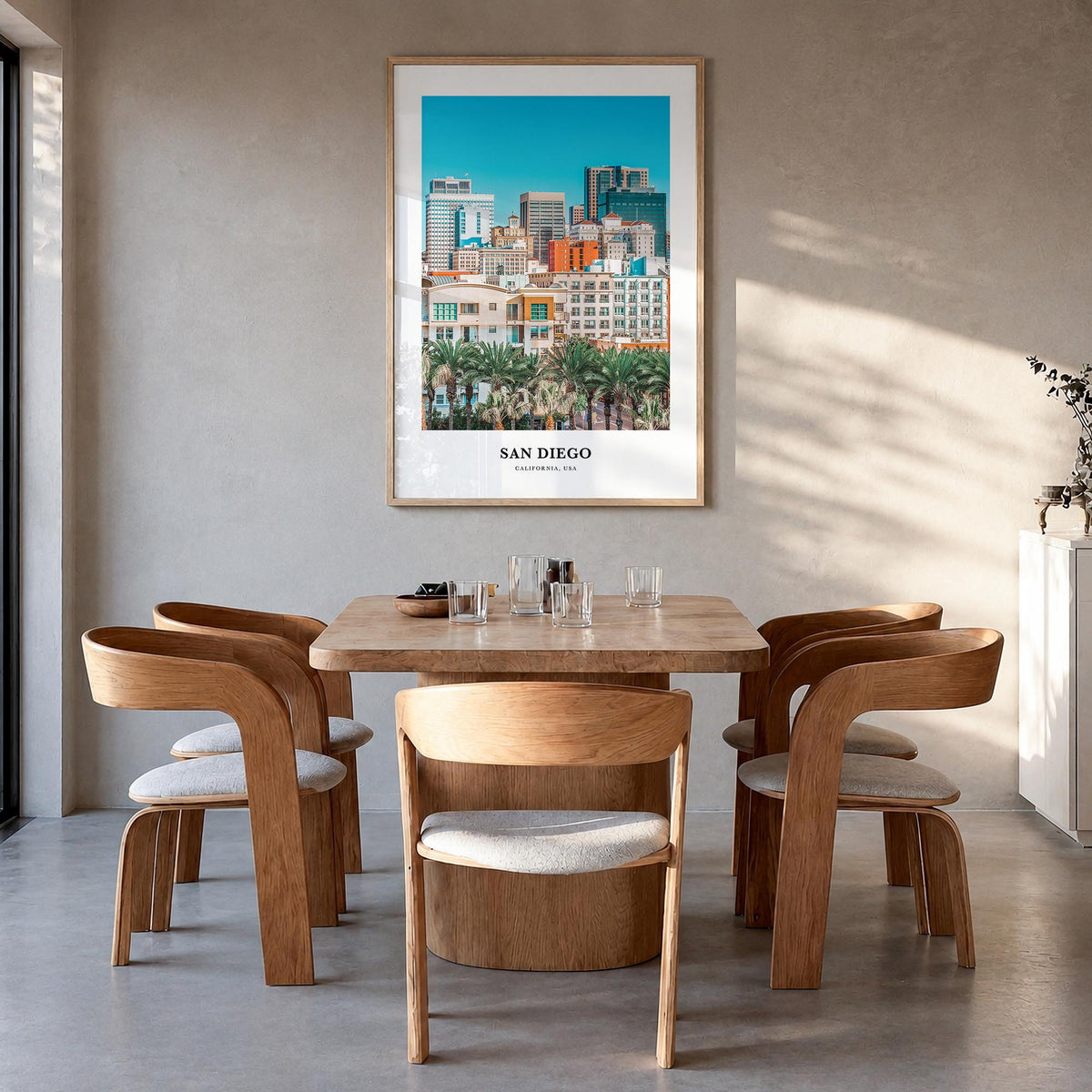 San Diego no. 2 colorful classic poster of California, USA – vertical wall art in natural wood frame, hanging on wall