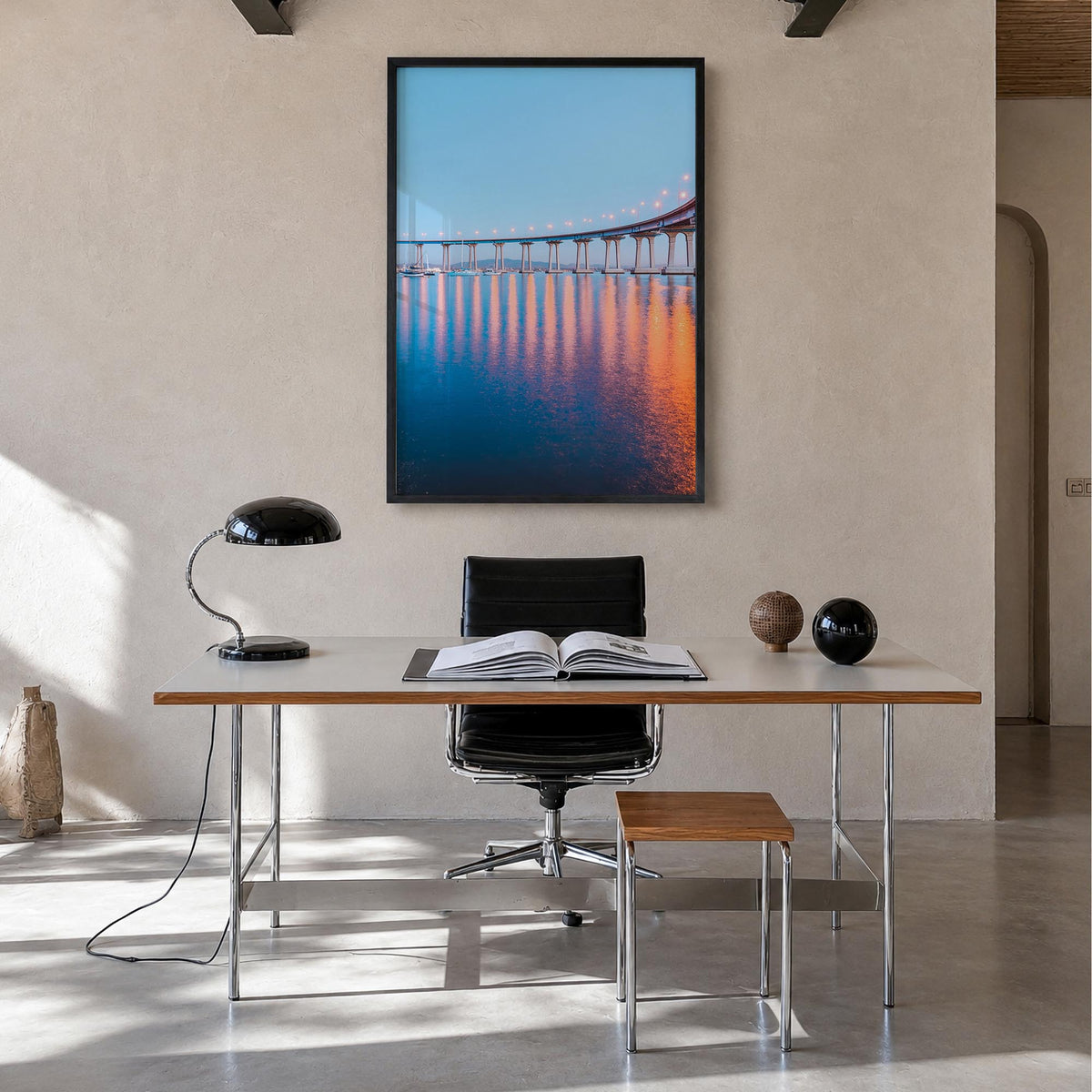 San Diego no. 2 colorful photo poster of California, USA – vertical wall art in black wood frame, hanging on wall