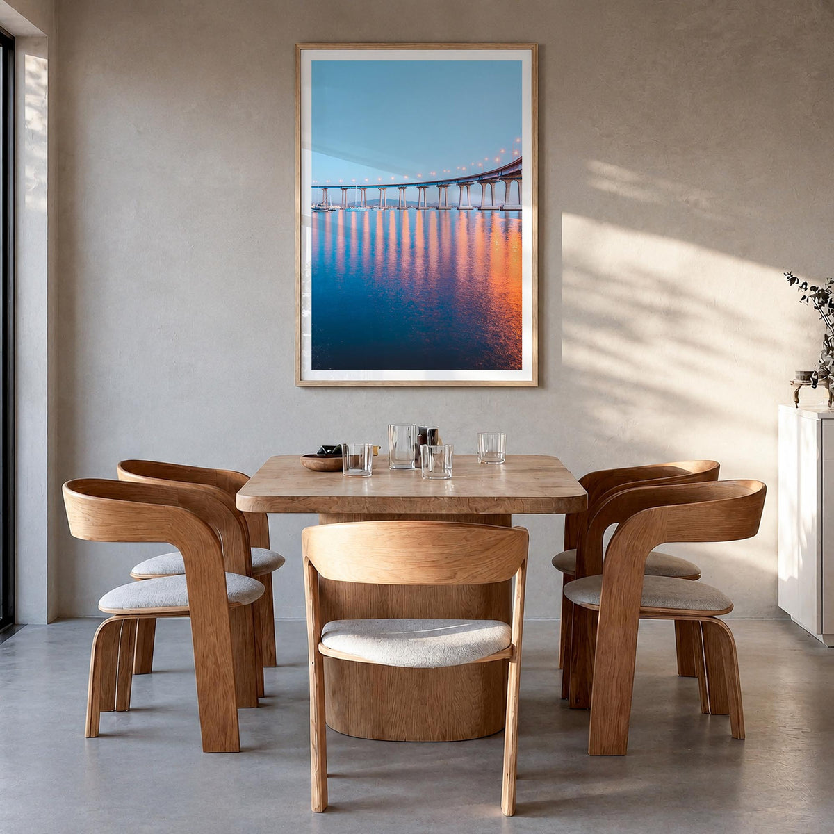 San Diego no. 2 colorful photo poster of California, USA – vertical wall art in natural wood frame with white border, hanging