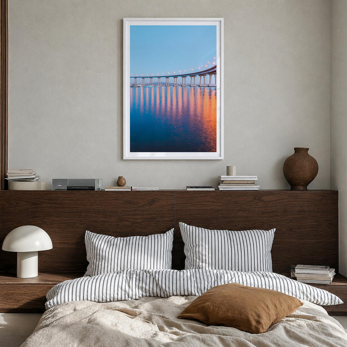 San Diego no. 2 colorful photo poster of California, USA – vertical wall art in white wood frame with white border, hanging o