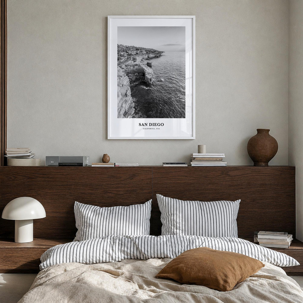 San Diego no. 4 black & white classic poster of California, USA – vertical wall art in white wood frame, hanging on wall
