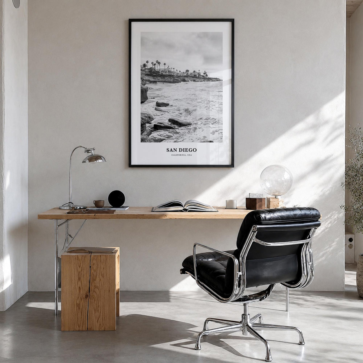San Diego no. 8 black & white classic poster of California, USA – vertical wall art in black wood frame, hanging on wall