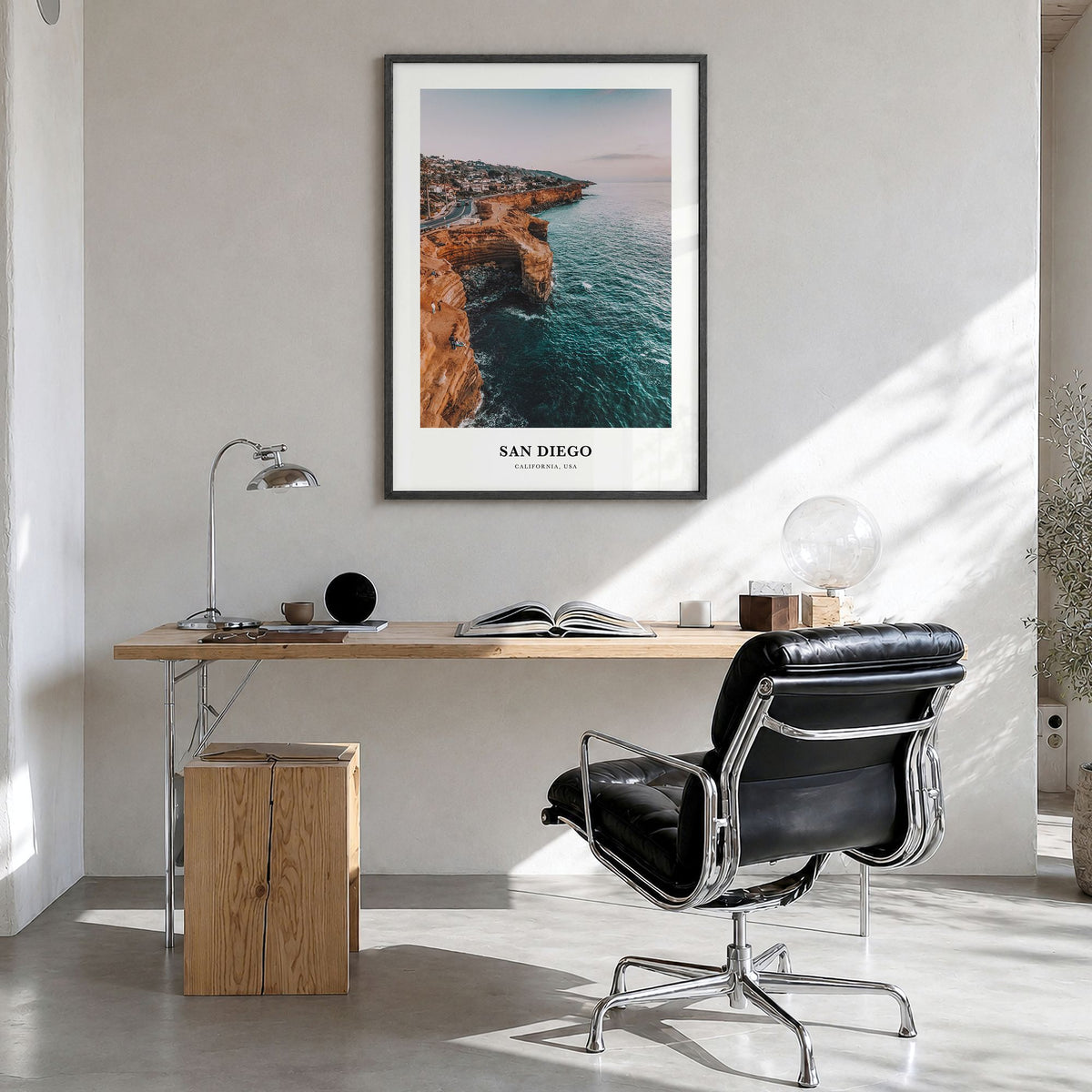 San Diego Classic No 1 Poster in a black wood frame, hanging in a bright home office