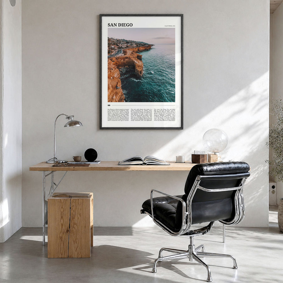 San Diego Travel No 1 Poster in a black wood frame, hanging in a bright home office