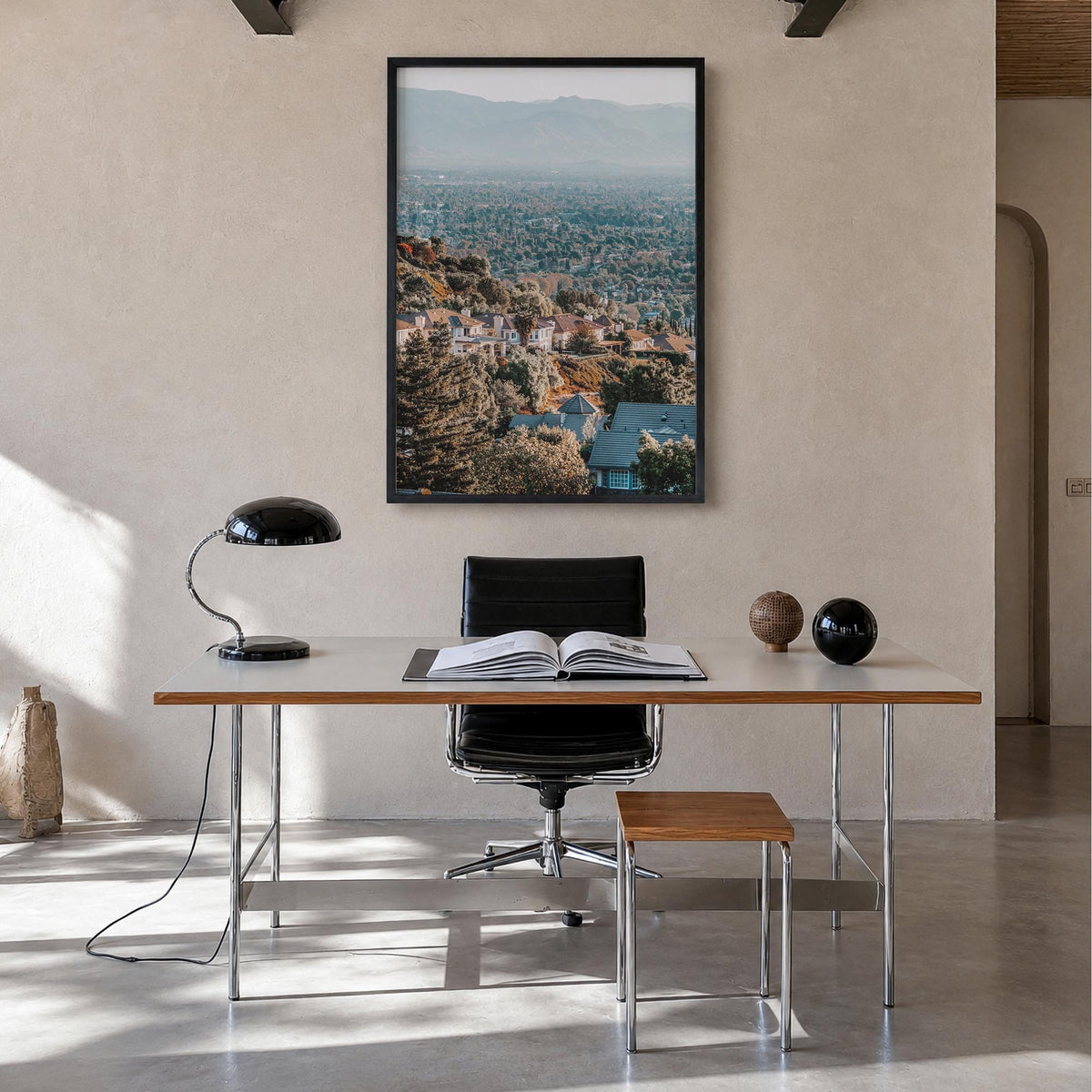 San Fernando Valley colorful photo poster of California, USA – vertical wall art in black wood frame, hanging on wall