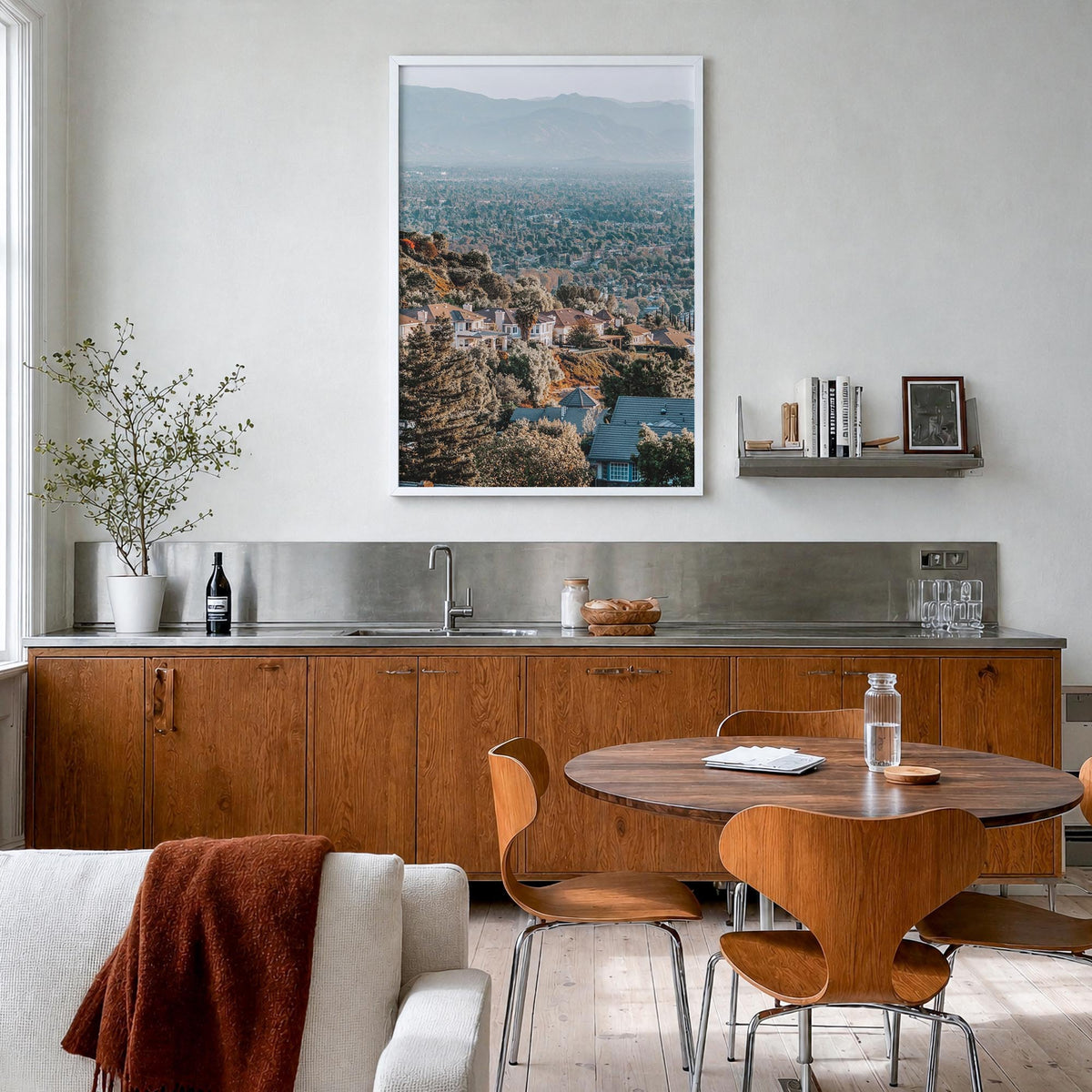 San Fernando Valley colorful photo poster of California, USA – vertical wall art in white wood frame, hanging on wall