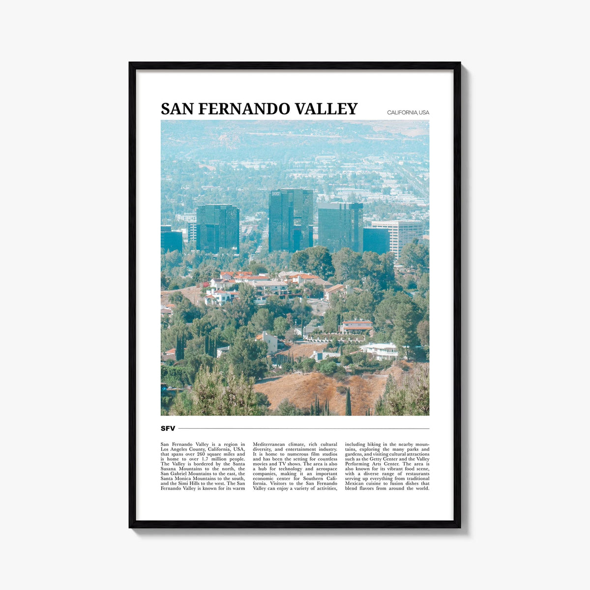 San Fernando Valley no. 1 colorful travel poster of California, USA – vertical wall art, unframed print shown in interior moc