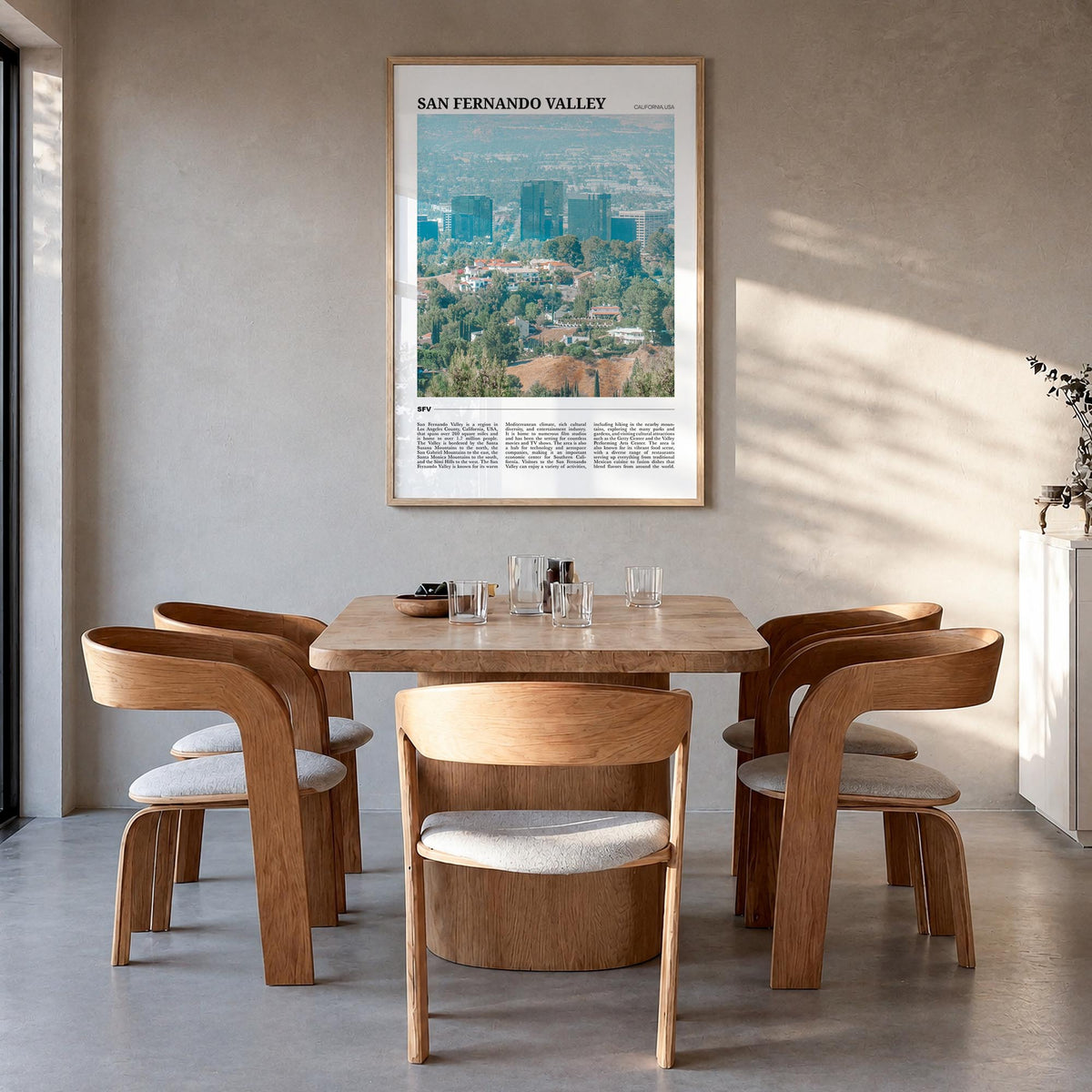 San Fernando Valley no. 1 colorful travel poster of California, USA – vertical wall art in natural wood frame, hanging on wal