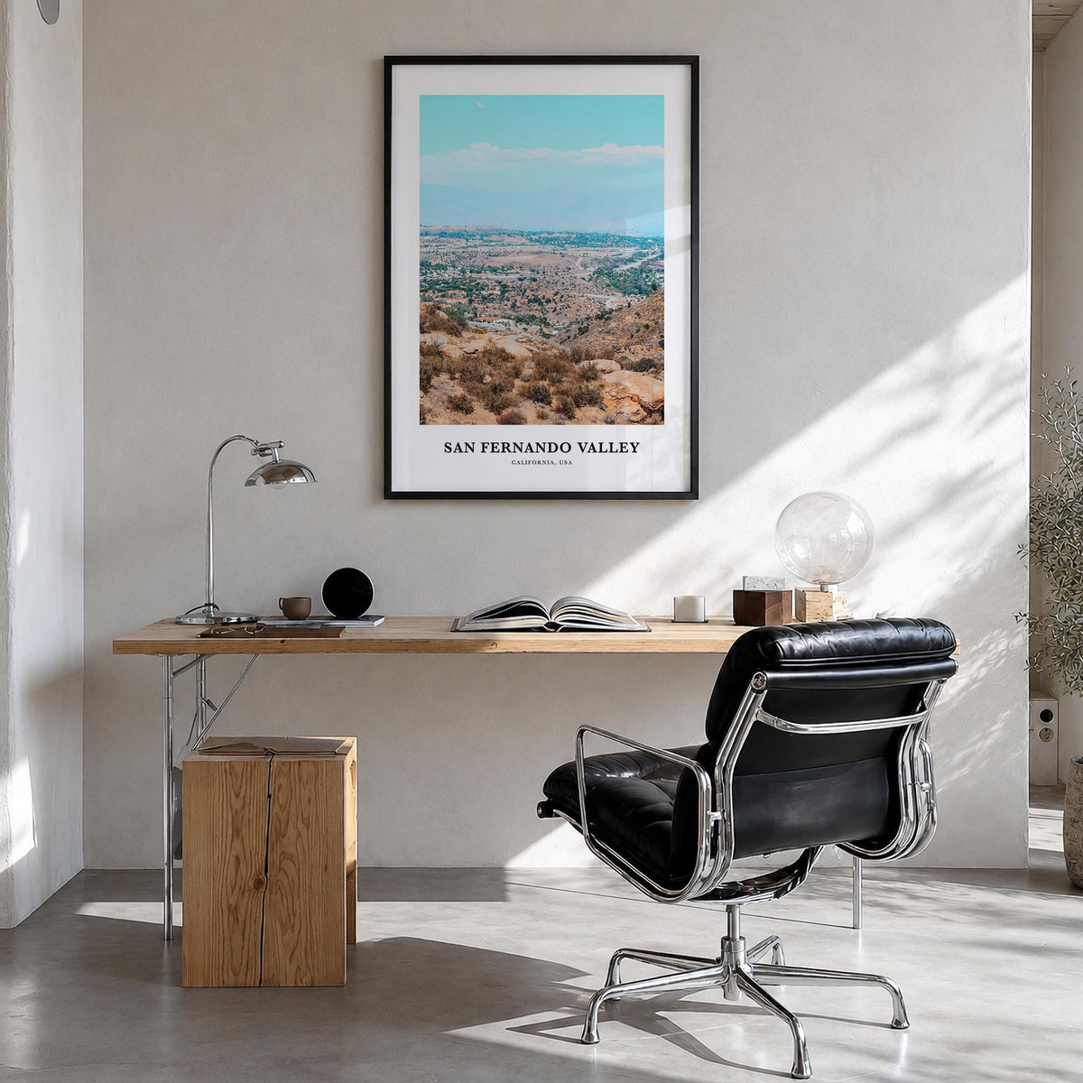 San Fernando Valley no. 2 colorful classic poster of California, USA – vertical wall art in black wood frame, hanging on wall