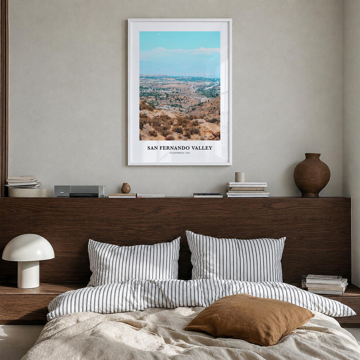 San Fernando Valley no. 2 colorful classic poster of California, USA – vertical wall art in white wood frame, hanging on wall