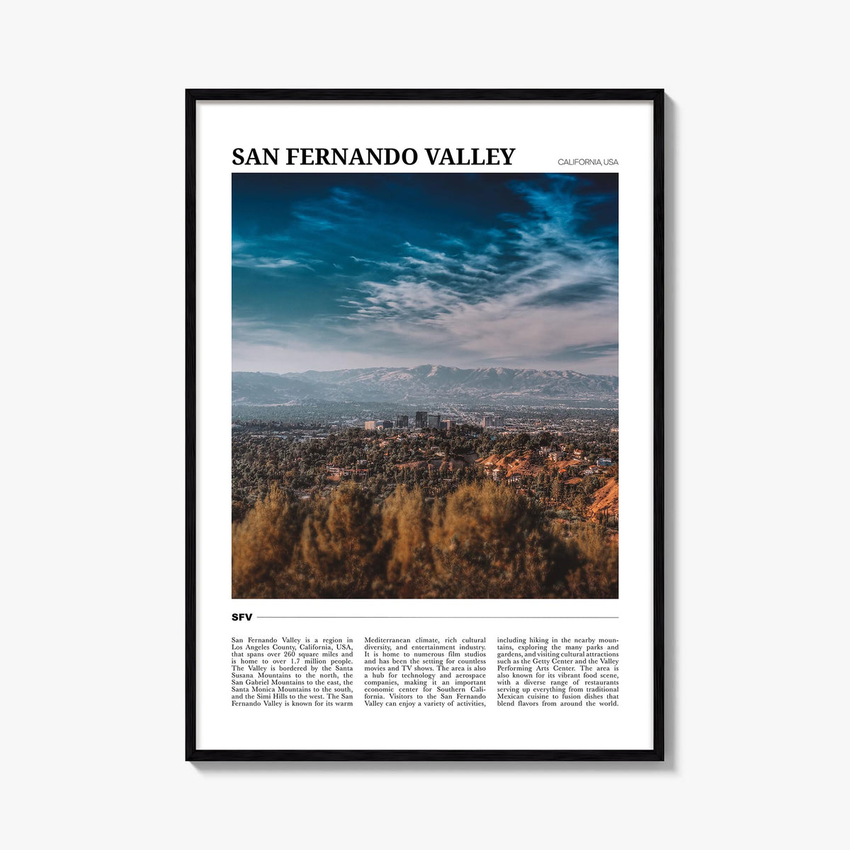 San Fernando Valley no. 2 colorful travel poster of California, USA – vertical wall art, unframed print shown in interior moc