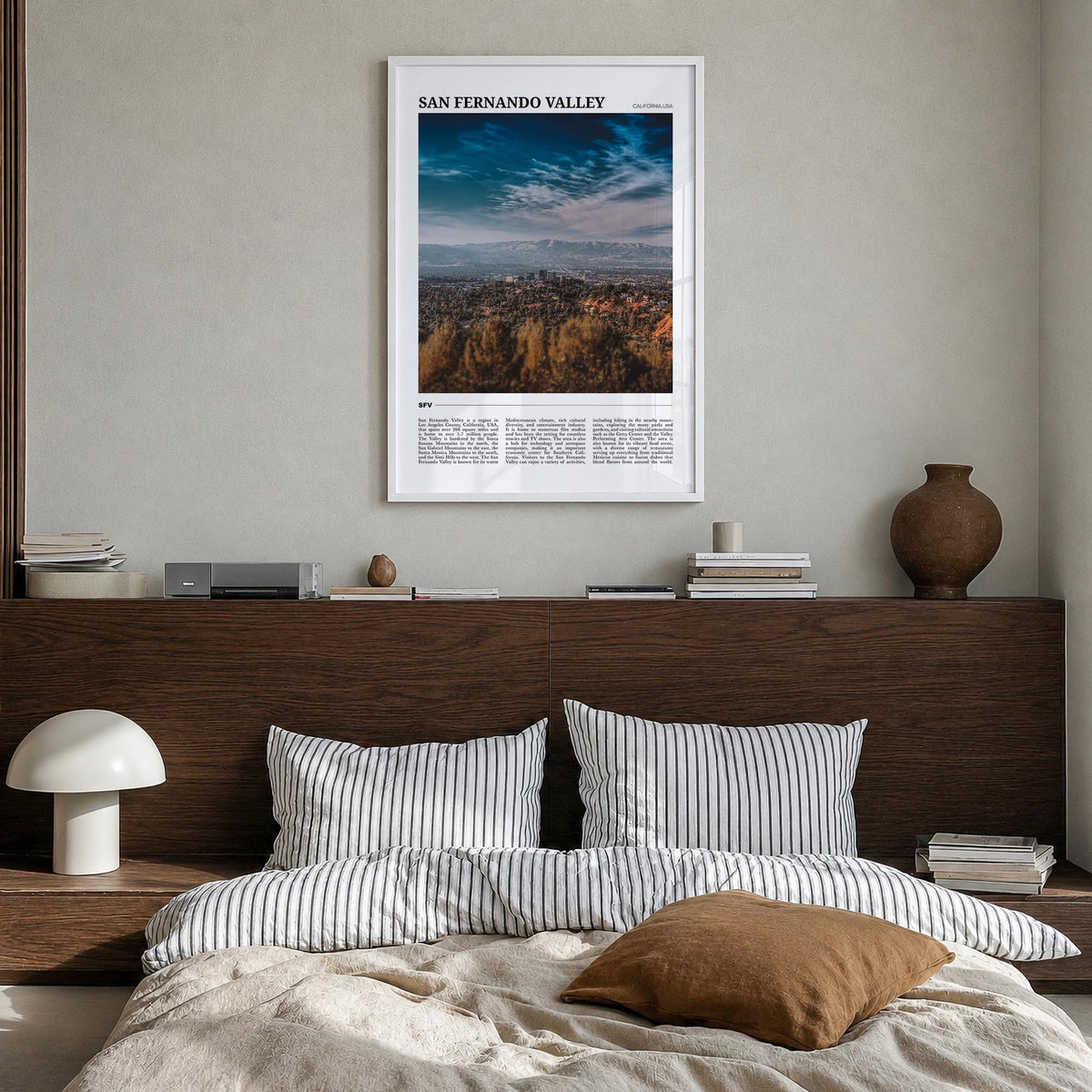 San Fernando Valley no. 2 colorful travel poster of California, USA – vertical wall art in white wood frame, hanging on wall