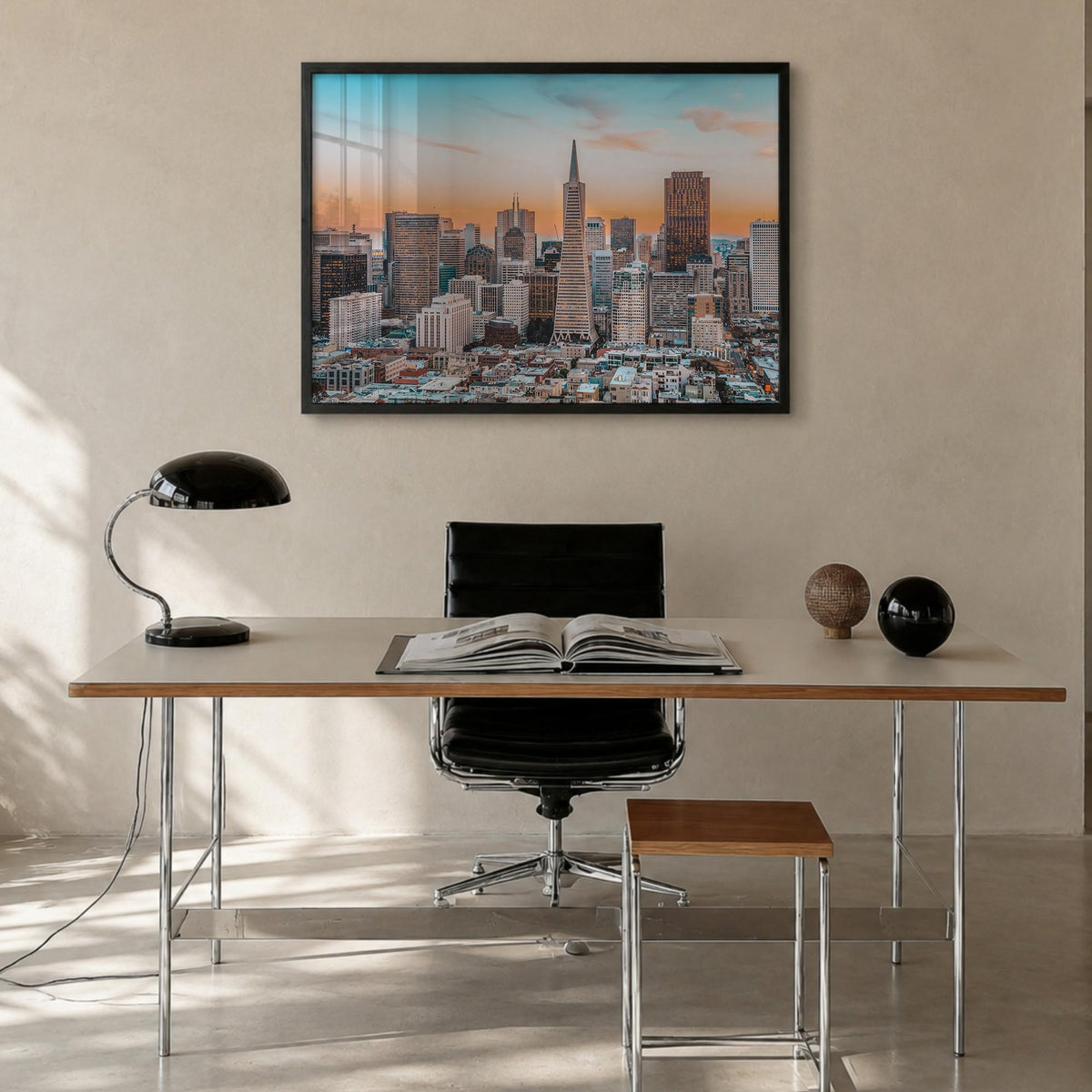 San Francisco colorful photo poster of California, USA – horizontal wall art in black wood frame, hanging on wall