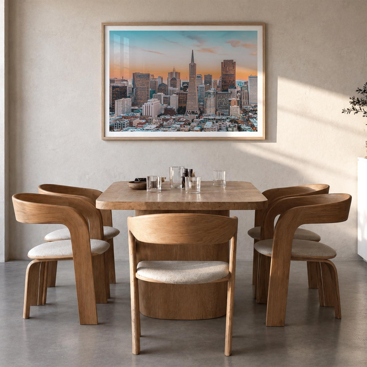 San Francisco colorful photo poster of California, USA – horizontal wall art in natural wood frame with white border, hanging