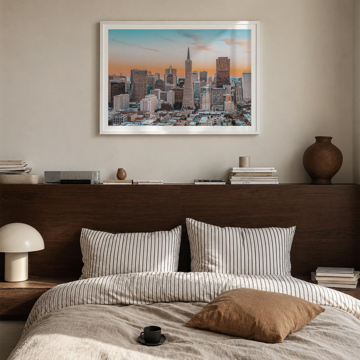 San Francisco colorful photo poster of California, USA – horizontal wall art in white wood frame with white border, hanging o